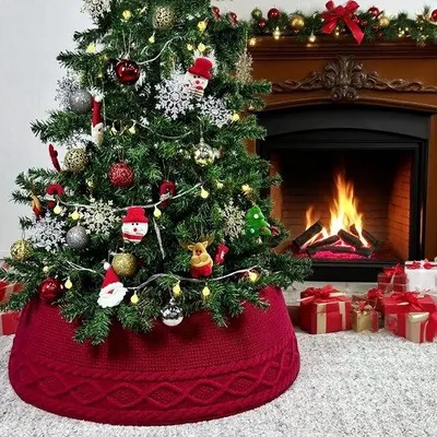 Produktbild von 28-Zoll-Strickweihnachtsbaum-Rock, Weihnachtsbaum-Halter, Weihnachtsdekoration, Dekor, Requisiten, Weihnachtsbaumfuß, festliche Atmosphäre - rot