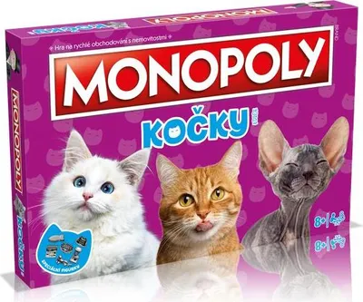 The image shows the front of a Monopoly board game box featuring cats.