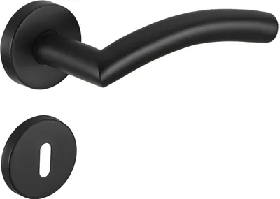 A black door handle and escutcheon plate are shown against a white background.