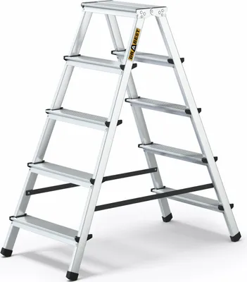 A silver aluminum step ladder with black accents, shown against a white background.