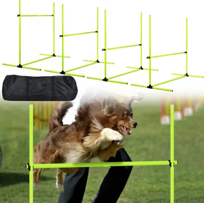 Produktbild von XMTECH 4dílná sada agility překážek, sada agility vybavení pro psy s taškou na přenášení, výškově nastavitelná tréninková sada překážek pro psy, výška 101 cm, zelená barva