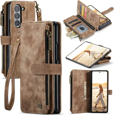 Produktbild von Galaxy Z Fold6 Handyhülle, Reißverschluss Hülle Kunstleder Klapphülle Magnetverschluss Kartenfach Standfunktion Geldbörse Schutzhülle für Samsung Galaxy Z Fold 6 5G Braun