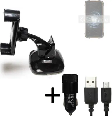 Produktbild von K-S-Trade Halterung kompatibel mit Cubot KingKong 6 Windschutzscheibe / Armaturenbrett + LADEGERÄT mit Mico USB Kabel Autohalterung KFZ Halter