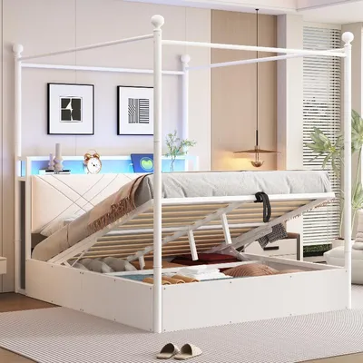 Produktbild von Metallbett 140x190cm mit Stauraum, Himmelbett mit abnehmbarem Baldachinrahmen, LED, USB Type-C und gepolstertem Kopfteil, Weiß