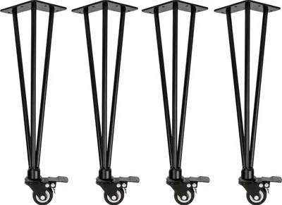 Four black hairpin legs with casters are arranged in a row against a white background.