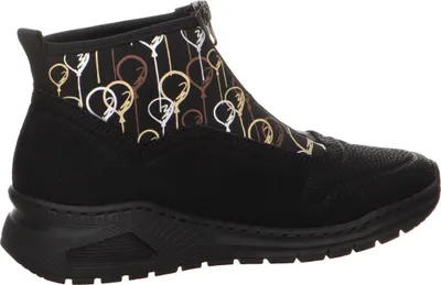A side view of a black ankle boot with a balloon pattern on the upper.