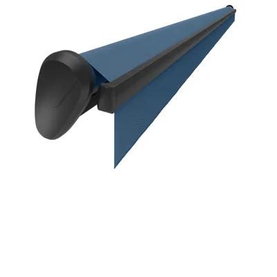 Produktbild von offene Gelenkarmmarkise PL01 mit Elektromotor mit Nothandkurbelfunkion rechts 350x250cm Gestellfarbe anthrazit Dessin uni blau