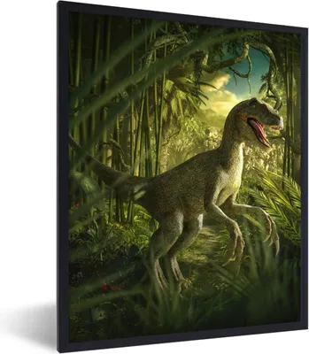 Produktbild von MuchoWow® Gerahmtes Poster Dinosaurier - Pflanzen - Grün - Illustration - Kinder - Jungen 60x80 cm - Poster mit Schwarzem Bilderrahmen Wandposter Rahmen Foto Bilder - Premium - Wanddeko Wohnzimmer