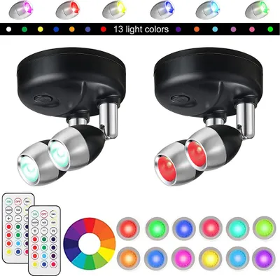 Image de 2x Led Spot Lampe Batterie, Intérieur Led Applique Sans Fil, RGB Applique Spot Avec Interrupteur, Eclairage Sans Electricité Pour Escalier Mur Cuisine Armoire