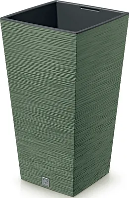 A tall, square planter with a textured green exterior and a dark interior, shown against a white background.
