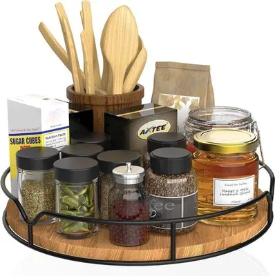 Produktbild von Famanu Drehplatte Organizer für Schrank Küche Arbeitsplatte Kühlschrank, Kiefernholz, 23 cm, Schwarz