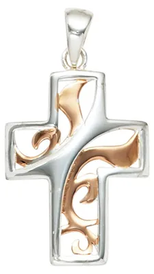Produktbild von Anhänger Halsschmuck Kreuz 925 Silber rhodiniert teilrotvergoldet