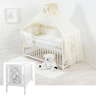 Produktbild von 12 Teiliges Kinderbett mit Matratze Bettzeug und Zubehör - Teddybär mit Herz Hellbeige