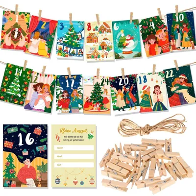 Produktbild von Adventskalender Freundin mit 24 Karten und Holzklammern