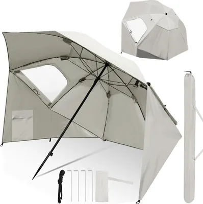 Immagine prodotto di Ombrellone da spiaggia Izrielar 210 cm con protezione UV 50+, inclinabile con picchetto e borsa per il trasporto, ombrellone idrorepellente per spiaggia, giardino e balcone – Beige
