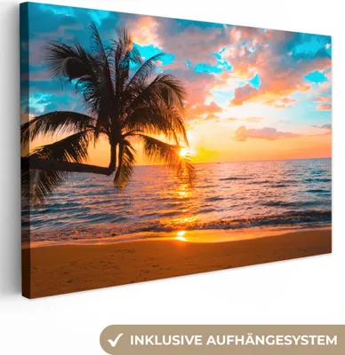 Obrázek produktu pro OneMillionCanvasses® - Obraz na plátně - Palma - Západ slunce - Horizont - Pláž - Moře - Tropical, nástěnný obraz, nástěnné dekorace obrázky do obývacího pokoje, 30x20cm