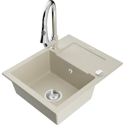 Obrázok produktu pre Mexen Enzo granitový jednokomorový drez s odkvapkávačom a kuchynskou batériou Elia, Béžová - 6506-69-670101-00