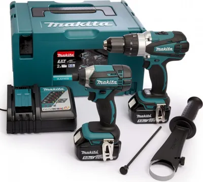 A set of Makita power tools and accessories laid out on a white background.