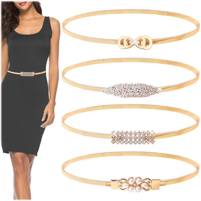 Image de Realand : 4 ceintures élastiques pour femmes, modèle skinny, avec strass et perles, idéales pour la mode