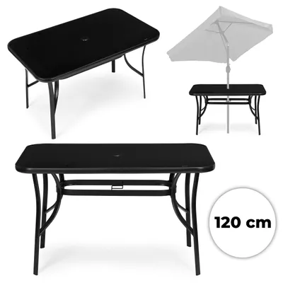 Zdjęcie produktu dla Stół ogrodowy 120x70 cm szkło hartowane otwór na parasol czarny MultiGarden