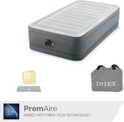 An inflatable air mattress with accessories and branding.