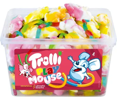 Image de Souris en sucre mousseux Trolli Playmouse avec queue en gomme de fruit 1200g