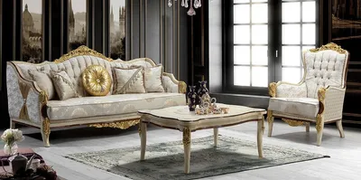 Produktbild von Casa Padrino Luxus Barock Wohnzimmer Set Grau / Weiß / Braun / Gold - 2 Sofas mit Muster & 2 Sessel mit Muster & 1 Couchtisch - Prunkvolle Barock Wohnzimmer Möbel