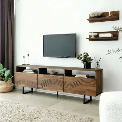 Image de Ulana - Meuble TV, 170x30x40h cm Marron Noyer, 4 Étagères