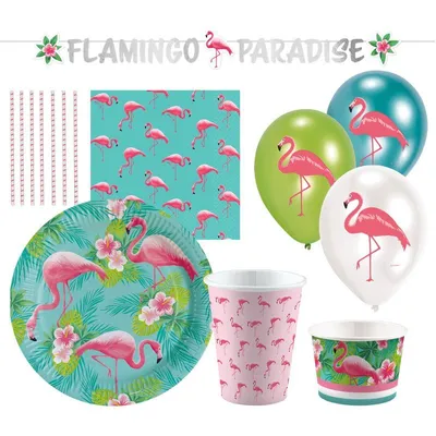 Produktbild von Amscan Flamingo Partyset, 63-teiliges Partyzubehör für Kindergeburtstage