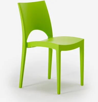 A single green plastic chair is shown against a white background.
