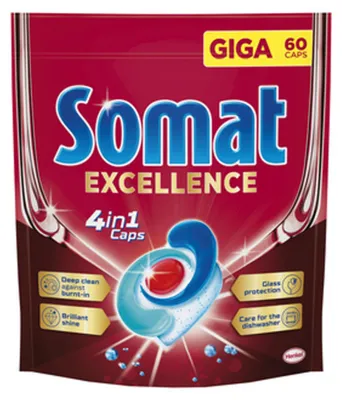 Zdjęcie produktu dla SOMAT Excellence 4 w 1 Caps Kapsułki do mycia naczyń w zmywarkach 1140 g (60 sztuk)