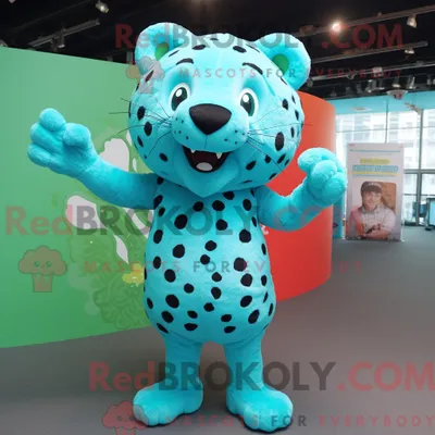 Produktbild von Maskottchen REDBROKOLY eines cyanfarbenen Leoparden mit Leggings und Schuhclips