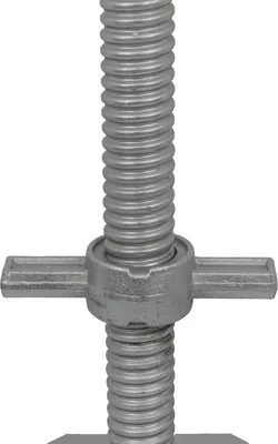 Produktbild von GeZu Impex Gerüstspindel, 1000mm, Ø 38mm, galvanisch verzinkt, Gewindefußplatte, DIN 4425, Sicherung, 4-fach gelocht (2x Ø10mm, 2x Ø15mm), für Rohr Ø48,3mm