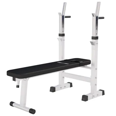 Produktbild von GORILLA SPORTS® Hantelbank mit Ablage - Dip-Station, Verstellbare Höhe und Neigungswinkel, Klappbar, bis 200 kg, Weiß - Drückerbank, Flachbank, Multifunktion, Trainingsbank