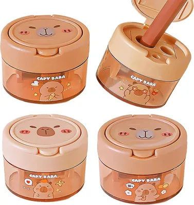 Imagen del producto de Dispensador de lápices de 4 agujeros con diseño de capibara, tipo "kawaii", con tapa y depósito, para lápices estándar