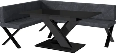 Produktbild von MEBLINI Eckbank für Esszimmer mit ausziehbarem Tisch  - Küchenbank - Essecke - Sitzecke Küche - ERIC - X-Beine 142x196x87cm Links - Dunkelgrau Samt/B Schwarz Hochgl.
