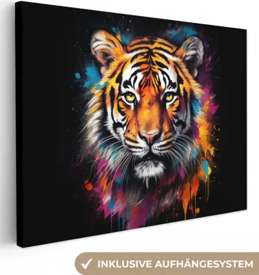 Produktbild von MuchoWow® - Leinwandbilder - Tiger - Graffiti - Tiere - Schwarz, Wandbild, Wanddeko Bilder Wohnzimmer, 80x60cm