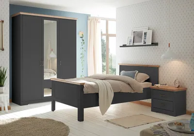 Produktbild von Schlafzimmer Set 3-teilig Bett 100x200cm Graphit mit Eiche JÜLICH-77