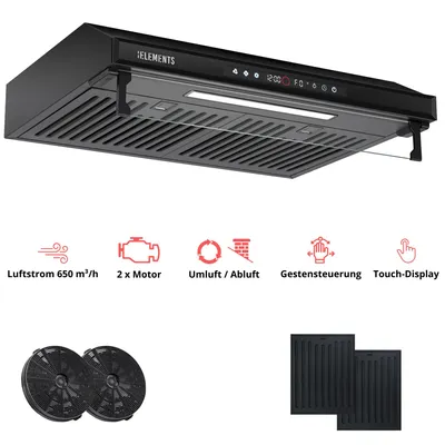 Produktbild von KB ELEMENTS Dunstabzugshaube unterbau 60cm, Unterbauhaube 60 cm, 650 m³/h, Touch- und Gestensteuerung, Doppelter motor, Abluft, Umluft