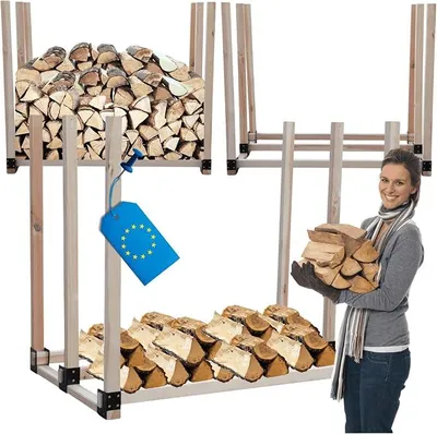 Obrázek produktu pro Regál na dřevo, krytý úložný prostor na dřevo, robustní stojan na palivo z masivního dřeva, regál a skladovací prostor na dřevo pro zahradu, terasu a venkovní prostory, úložný prostor na dřevo do krbu, rozměry: 120x146x80 cm