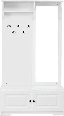 Produktbild von Weiss Garderobe Mit Spiegel 100x40x180 cm 5 Kleiderhaken 2 Schraenken Und Regal Flur Garderobenstaender Kleiderstaender Mit Schuhschrank Kompaktgarderobe