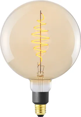 A close-up studio shot of a large, spherical LED light bulb with a visible filament coil.