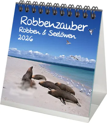 Produktbild von Robbenzauber Tischkalender 10cm x 10cm für 2026 Robben und Seelöwen - Set Inhalt: 1x Kalender 1x Weihnachtsanhänger 1x Grußanhänger (gesamt 3 Teile)