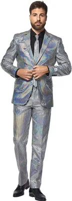 A man wearing a silver disco suit with a black shirt and tie.