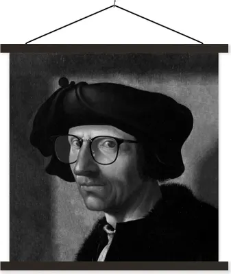 Produktbild von MuchoWow® Textilposter Jacob Cornelisz van Oostsanen - Brille - Schwarz und weiß 60x60 cm mit schwarzem Rahmen - Posteraufhänger