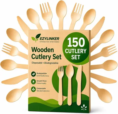 Produktbild von Holz-Besteckset 150-teilig, kompostierbar, 50 Gabeln, 50 Löffel, 50 Messer, für Feiern
