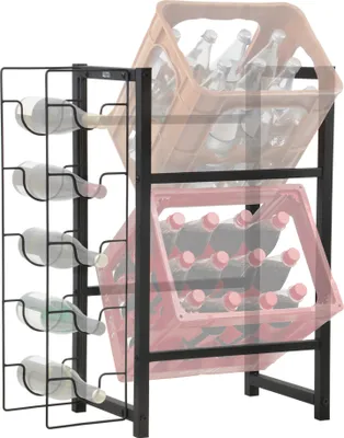 A product shot of a metal wine rack holding several bottles of wine, with two plastic crates of beverages stacked behind it.