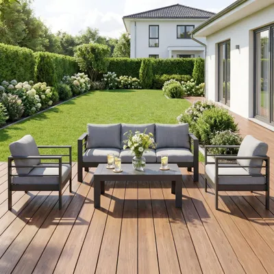 Produktbild von MeXo Gartenmöbelset, Loungeset Aluminium für 4-5 Personen mit Kissen und Couchtisch Indoor Outdoor Balkon Grau (Sitzgruppe, Aluminiumrahmen)