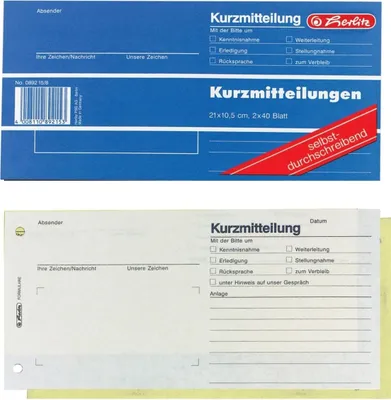 Produktbild von Formularbuch Kurzmitteilung 21x10,5cm 2x40 Blatt selbstdurchschreibend Packung mit 5 Stück
