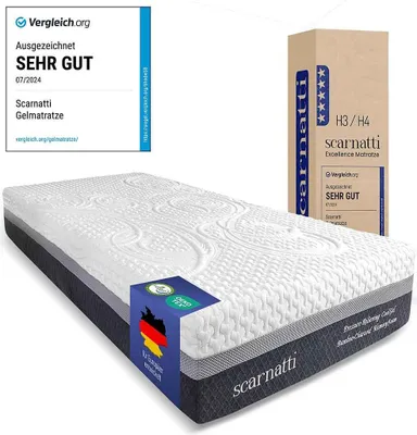 A Scarnatti mattress is shown with marketing materials and packaging.